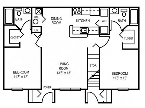 Floor plan for 2 beds, 2 baths, 1002 sqft